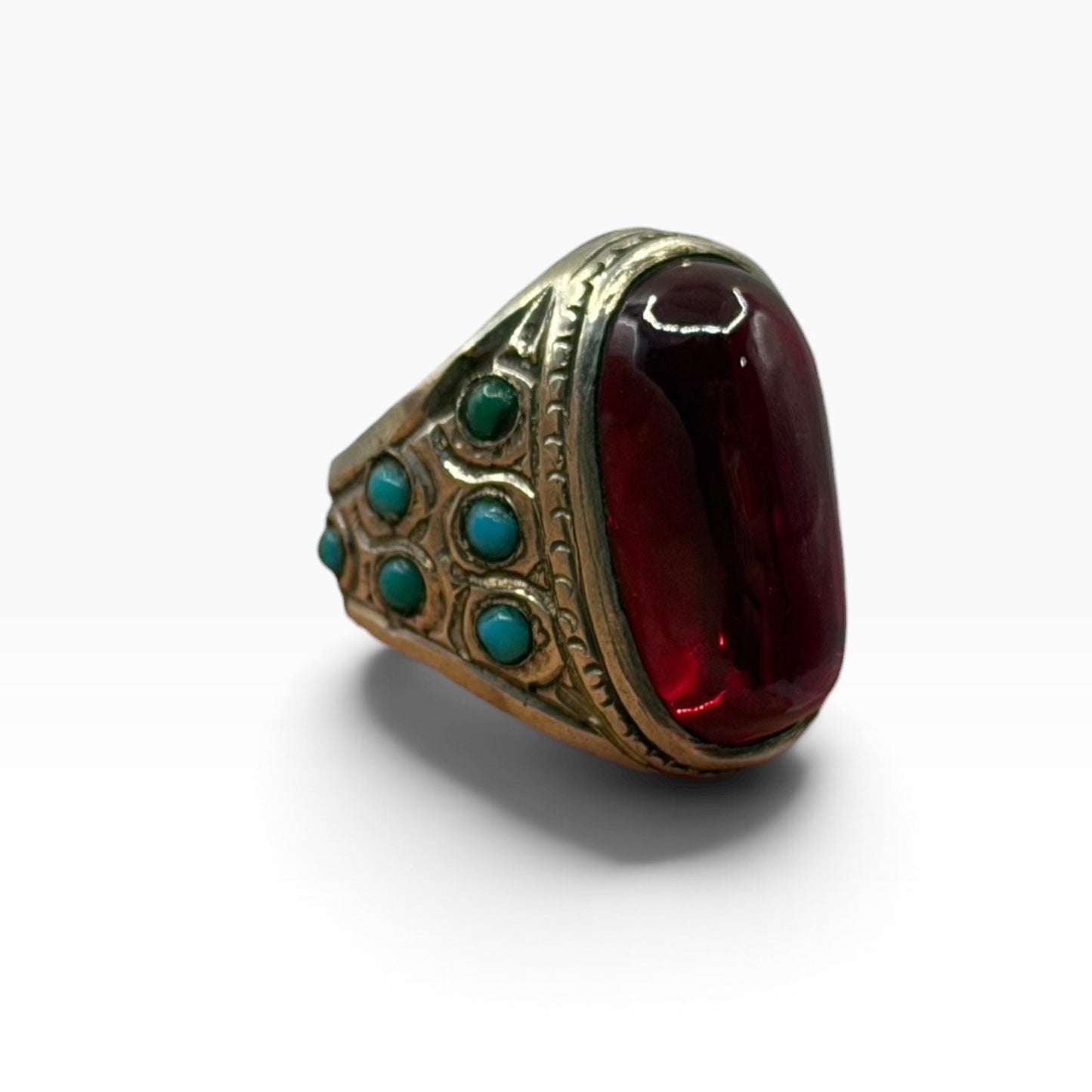 Vintage Silver Oval Red Glass Solitaire Ring Rope Bezel Detail