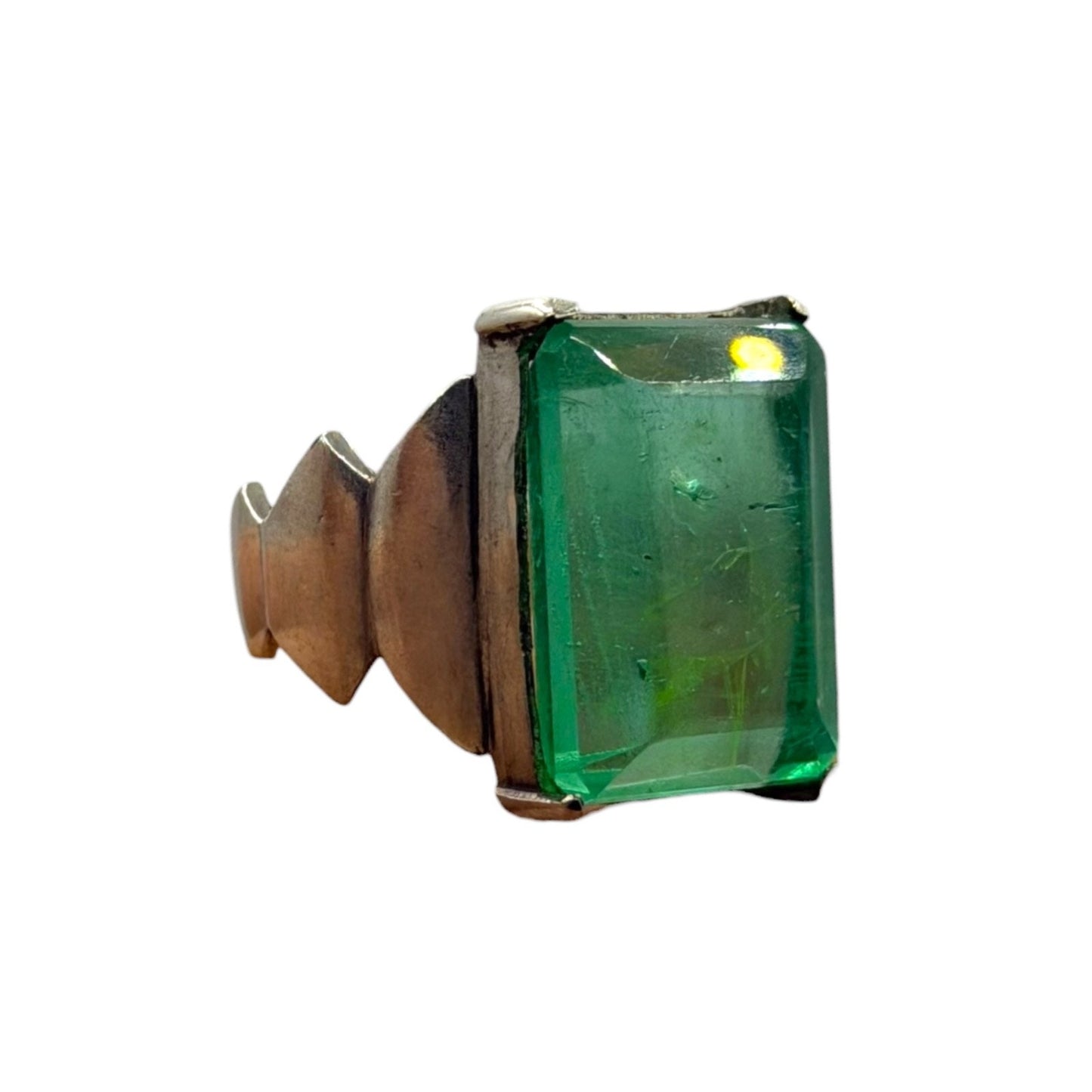 Vintage Silver Emerald Cut Green Gem Ring Tiered Geometric Design