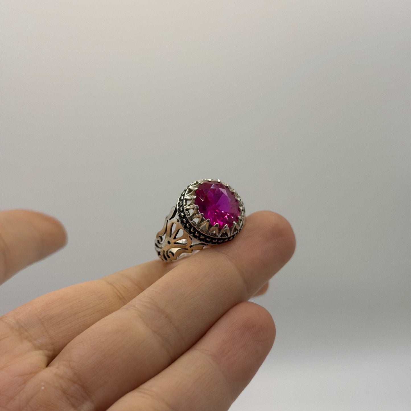 Silver Ornate Crown Setting Ring with Pink Gem Stone