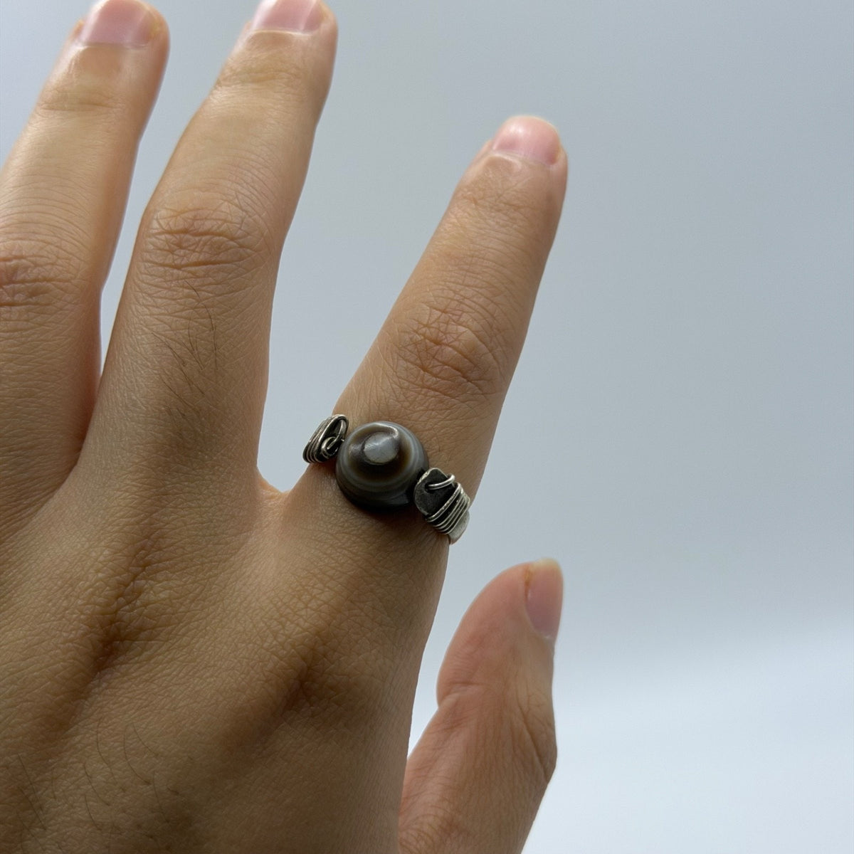 Vintage Silver Eye Agate Bead Ring Wire Wrapped Boho Ethnic Statement