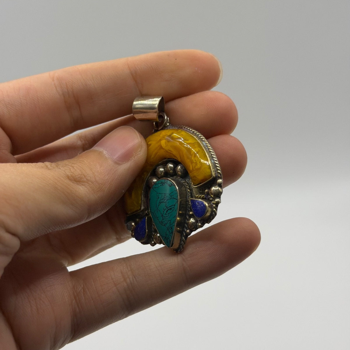 Vintage Nepalese Amber Resin & Stones Pendant