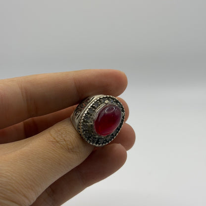 Vintage Silver Ring Red Glass Stone Cutout Design Ornate