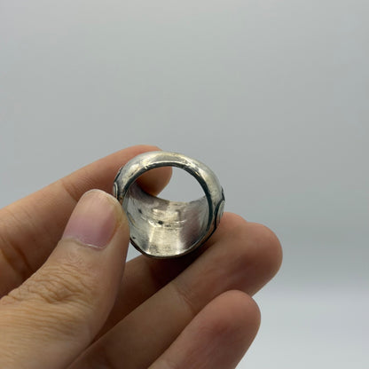 Silver Swirl Design Ring with Round Coral Cabochon