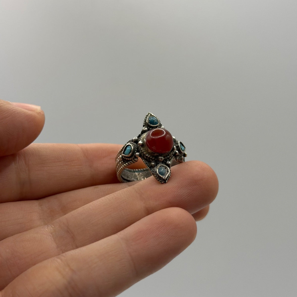 Silver Carnelian Turquoise Multi Stone Tribal Ethnic Marquise Statement Ring