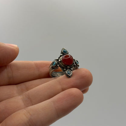 Silver Carnelian Turquoise Multi Stone Tribal Ethnic Marquise Statement Ring