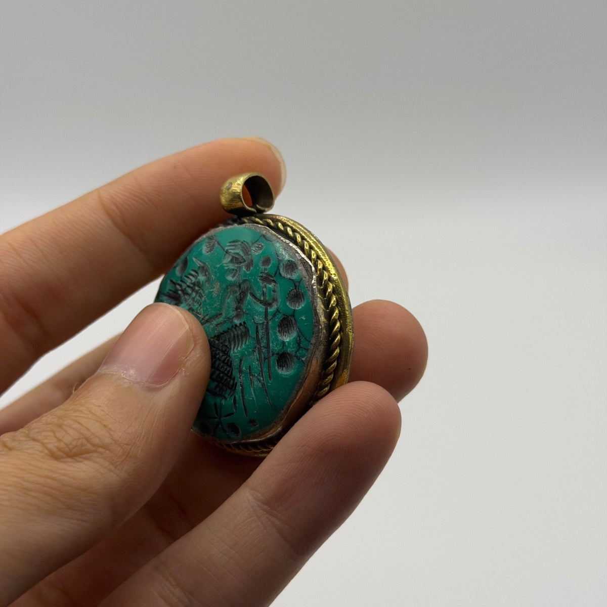 Ancient Near Eastern Style Hand Carved Intaglio Brass Pendant