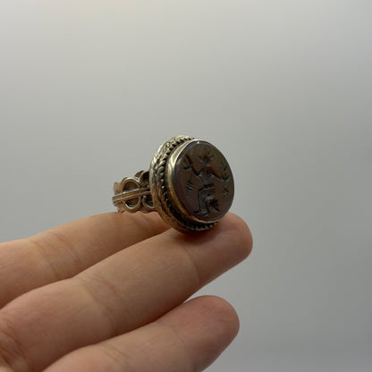 Vintage Silver Carved Intaglio Carnelian Figure Signet Ring Ancient Style