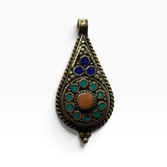 Vintage Nepalese Colorful Stones Brass Pendant