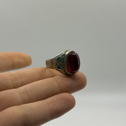 Vintage Silver Red Glass Ring Turquoise Accent Inlay Tribal Style