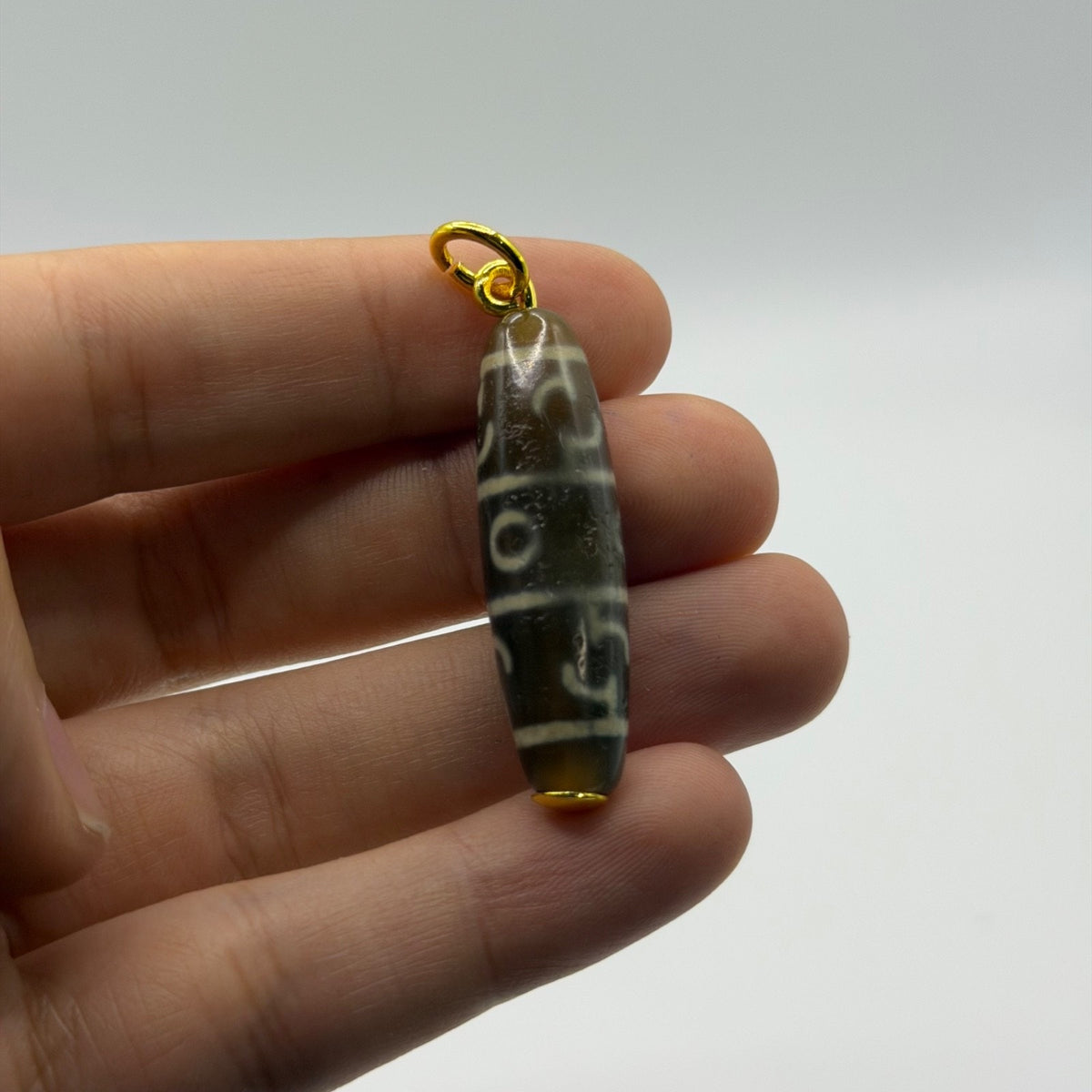 Vintage Tibetan Dzi Eye Agate Bead Tube Pendant Gold Tone Charm