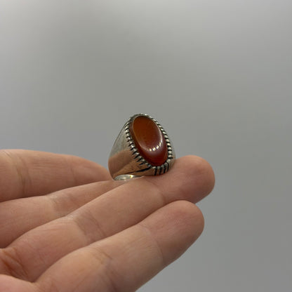 Silver Large Carnelian Agate Oval Cabochon Grooved Edge Signet Ring