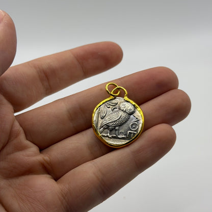 Ancient Style Silver Coin Pendant Gold Plated Framed Athena Goddess Charm⁠