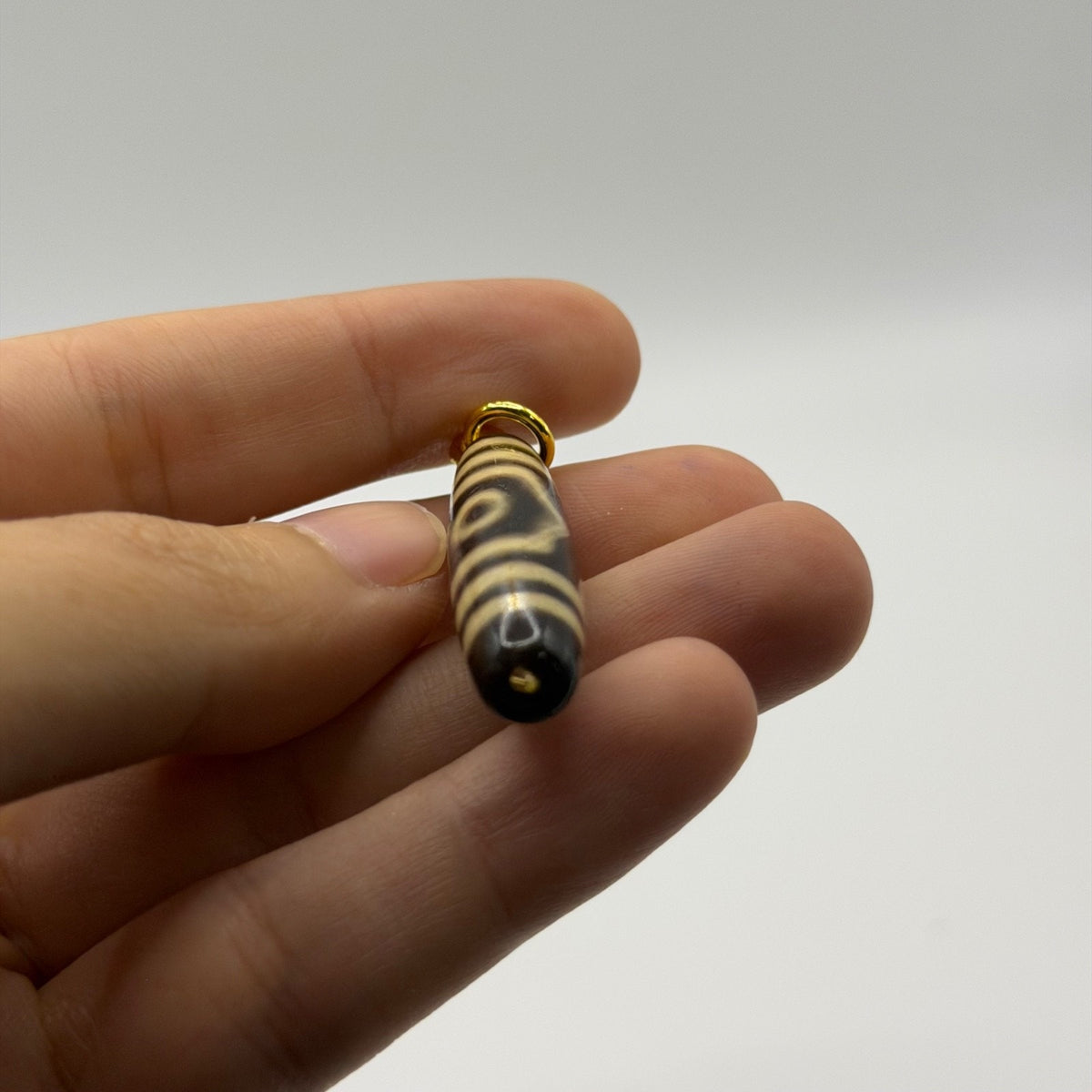 Vintage Tibetan Dzi Eye Agate Bead Tube Pendant Gold Tone Charm