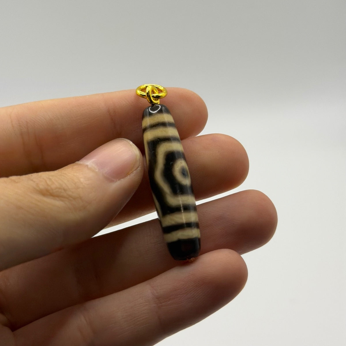 Vintage Tibetan Dzi Eye Agate Bead Tube Pendant Gold Tone Charm