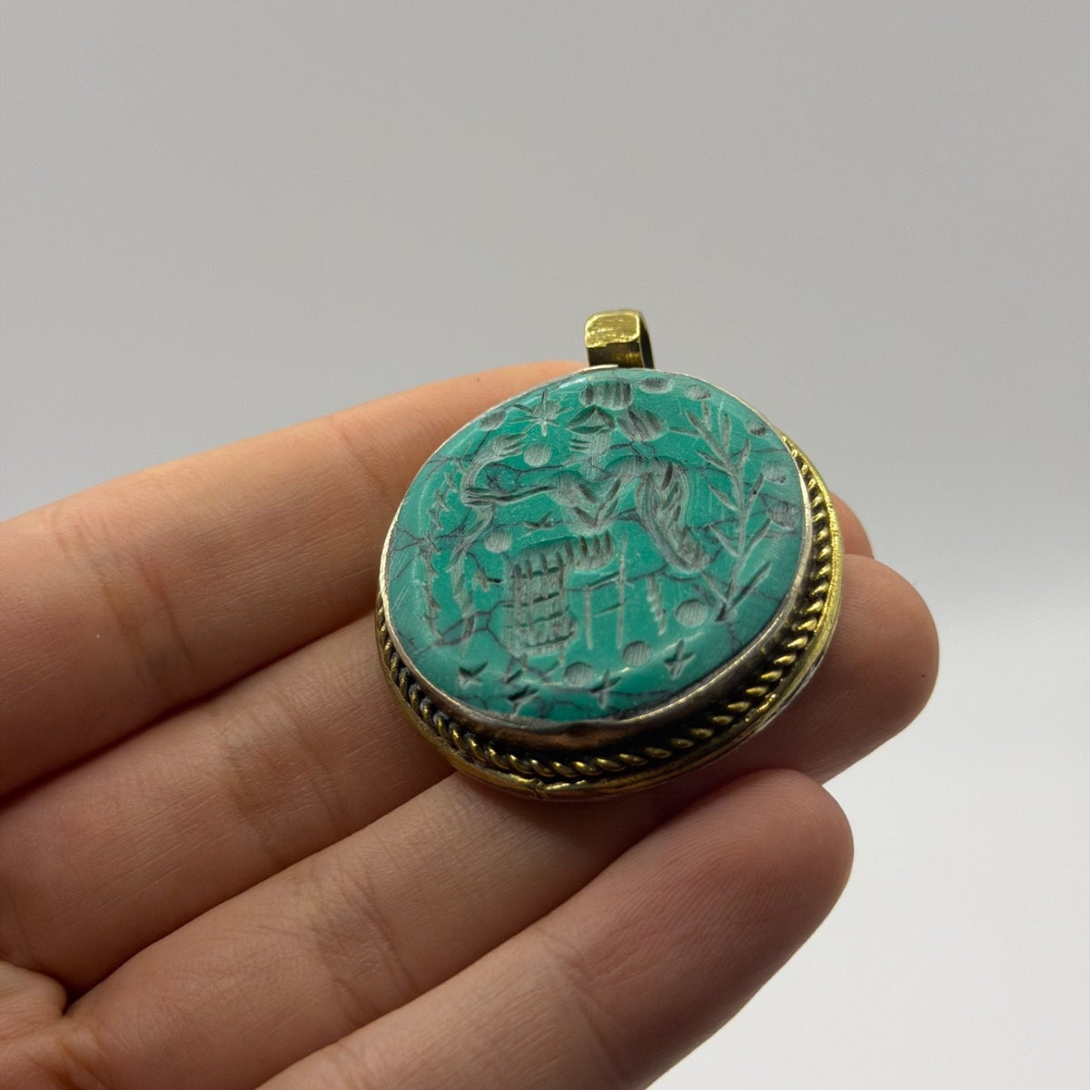 Ancient Near Eastern Style Hand Carved Intaglio Brass Pendant