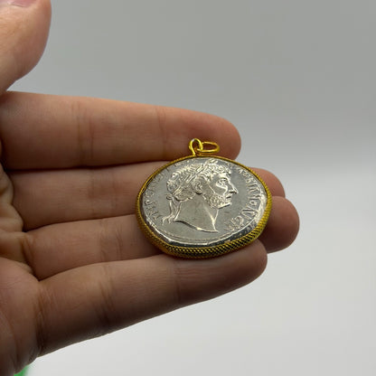 Ancient Roman Coin Style Pendant Emperor Profile Gold Tone Bezel Charm