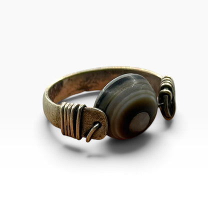 Vintage Silver Eye Agate Bead Ring Wire Wrapped Boho Ethnic Statement