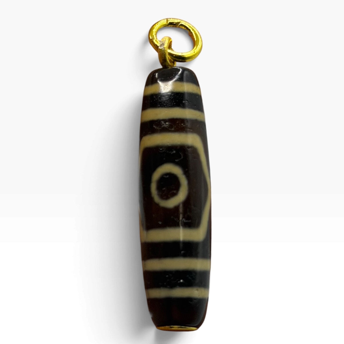 Vintage Tibetan Dzi Eye Agate Bead Tube Pendant Gold Tone Charm
