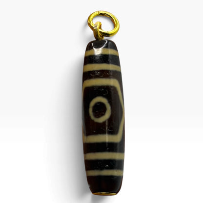 Vintage Tibetan Dzi Eye Agate Bead Tube Pendant Gold Tone Charm