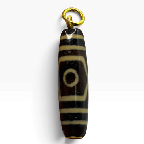 Vintage Tibetan Dzi Eye Agate Bead Tube Pendant Gold Tone Charm