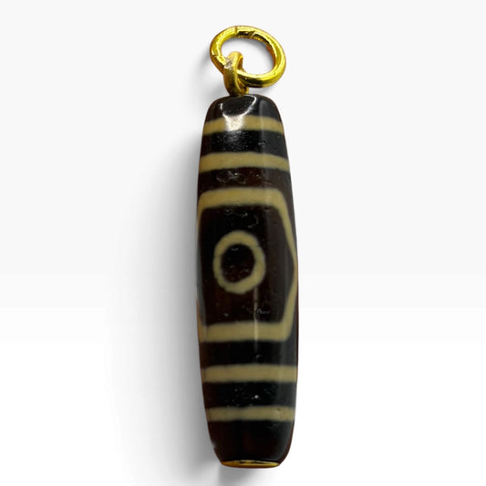 Vintage Tibetan Dzi Eye Agate Bead Tube Pendant Gold Tone Charm