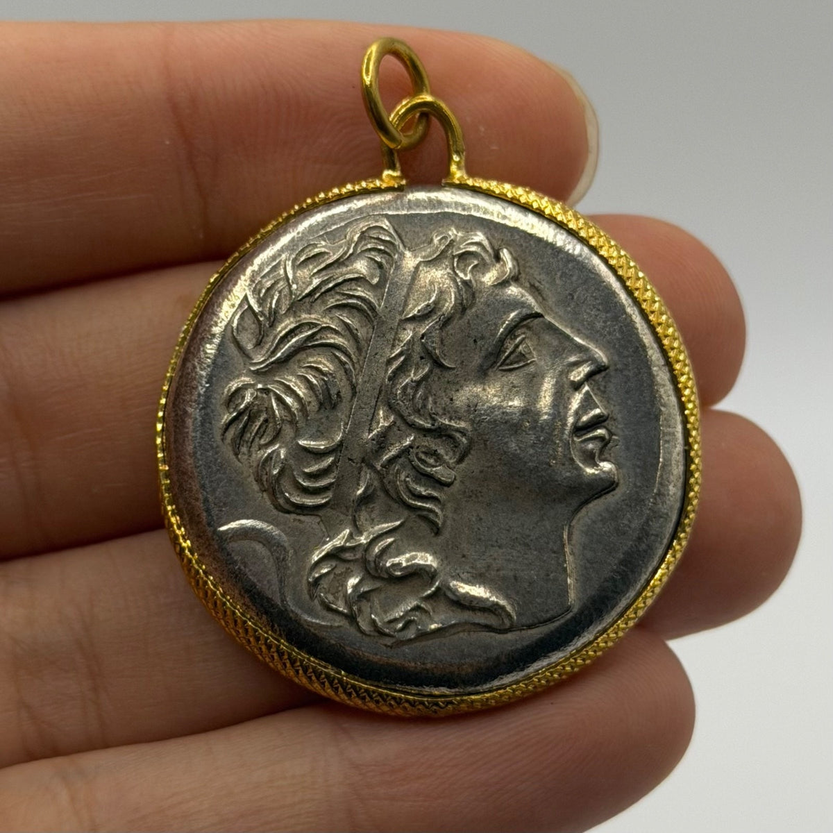 Ancient Roman Greek Inspired Silver Plated Gold Gilded Coin Pendant