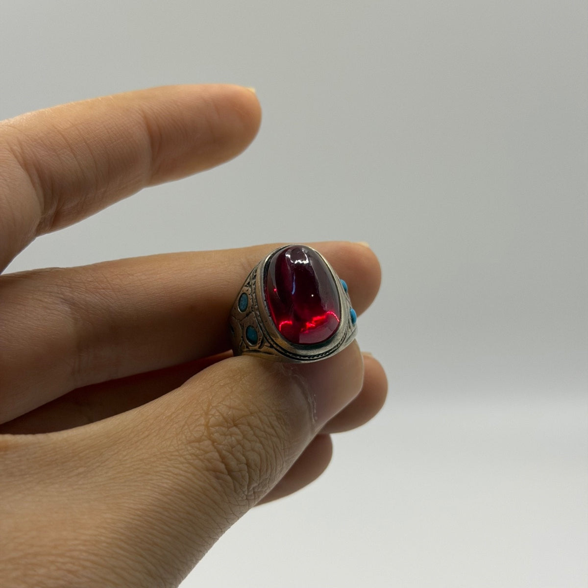 Vintage Silver Red Glass Ring Turquoise Accent Inlay Tribal Style