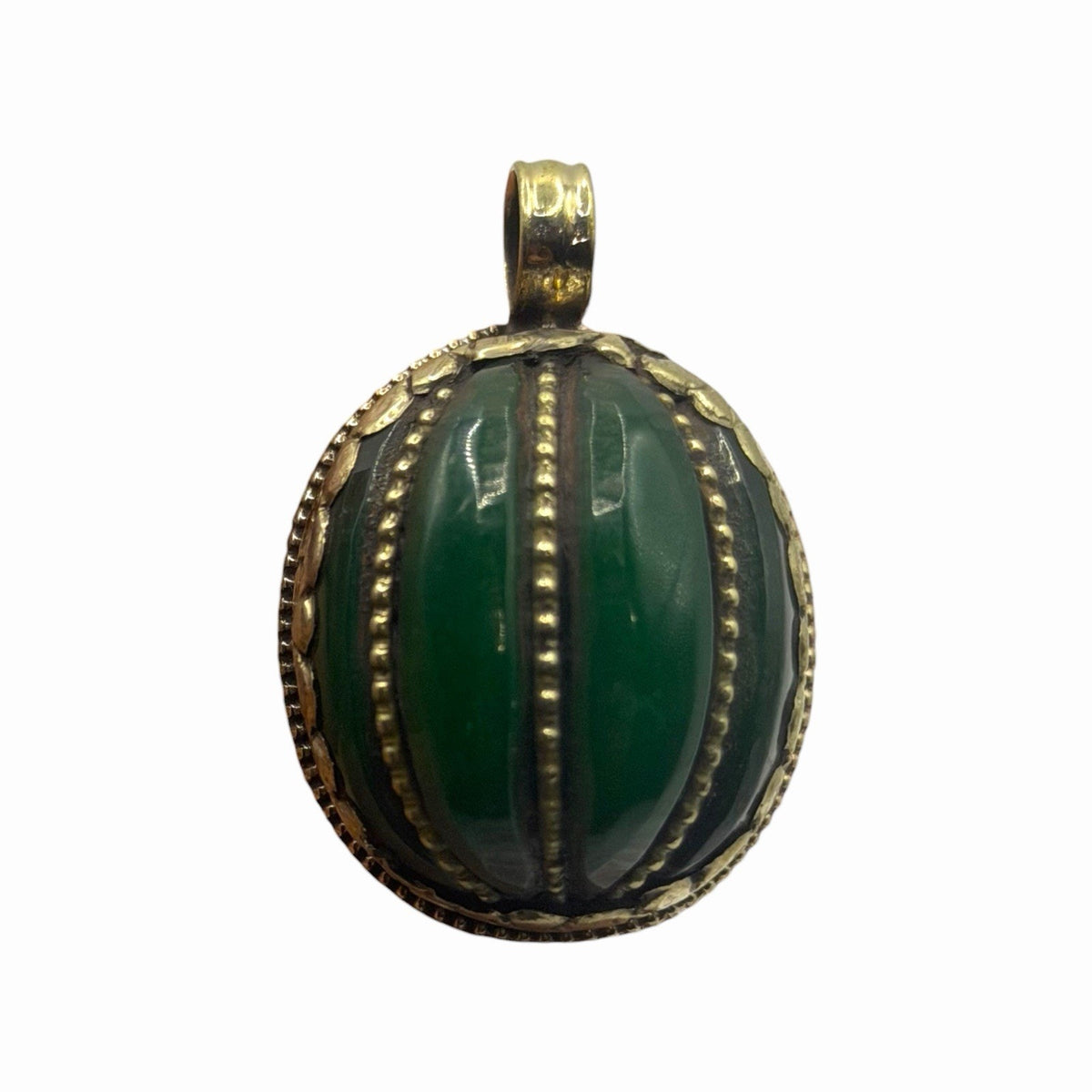Vintage Nepalese Jade Stone Pumpkin Style Silver Tone Pendant