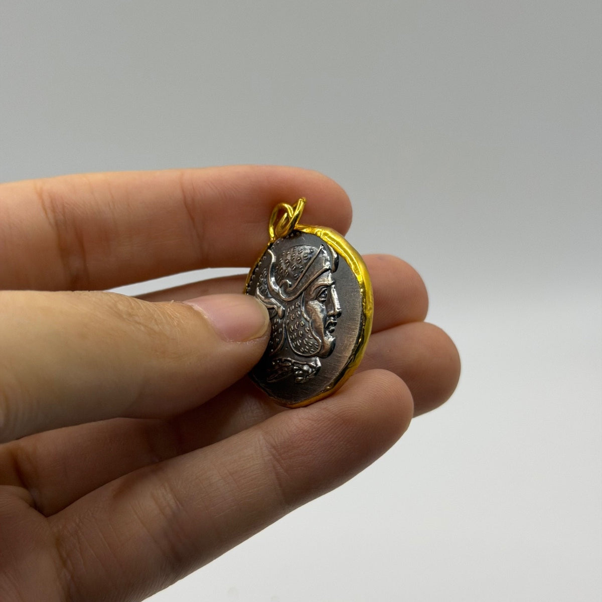 Ancient Roman Greek Style Silver & Gold Tone Coin Pendant