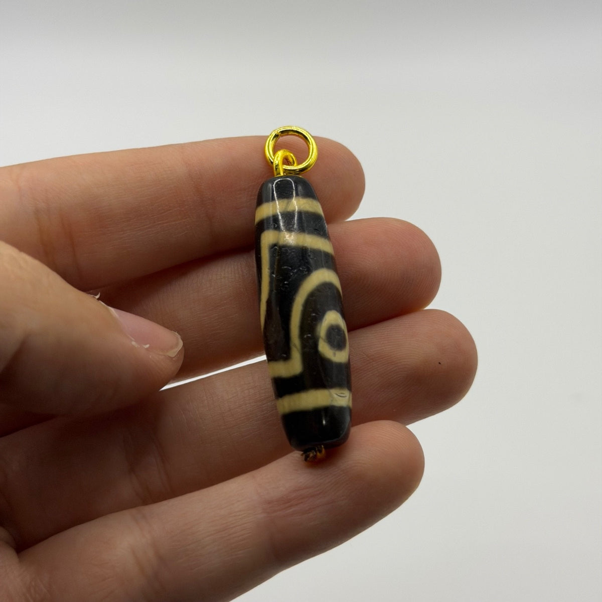 Vintage Tibetan Dzi Eye Agate Bead Tube Pendant Gold Tone Charm