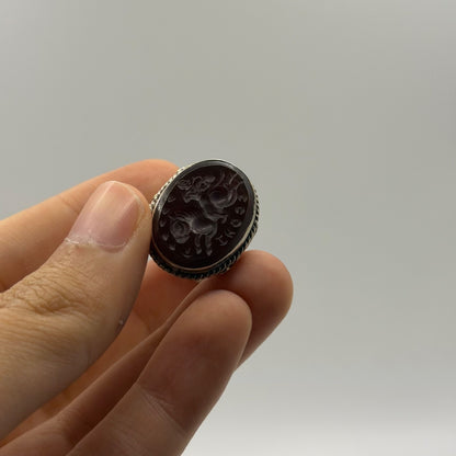 Antique Style Silver Filigree Ring with Oval Black Intaglio Gemstone