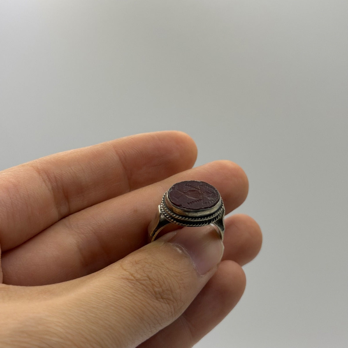 Silver Carnelian Intaglio Engraved Oval Gemstone Rope Edge Signet Ring