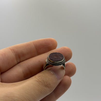 Silver Carnelian Intaglio Engraved Oval Gemstone Rope Edge Signet Ring