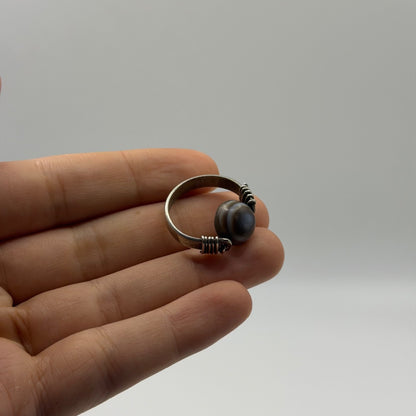Vintage Silver Eye Agate Bead Ring Wire Wrapped Boho Ethnic Statement