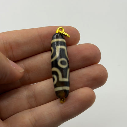 Vintage Tibetan Dzi Eye Agate Bead Tube Pendant Gold Tone Charm