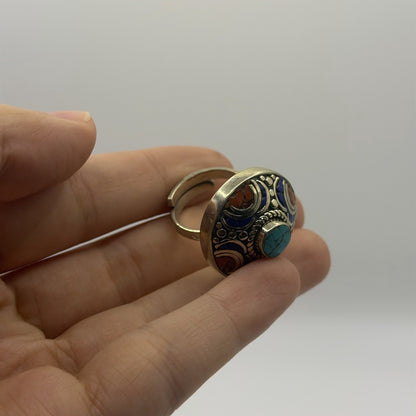 Unique Handmade Tribal Nepalese Multi Stone Silver Tone Ring