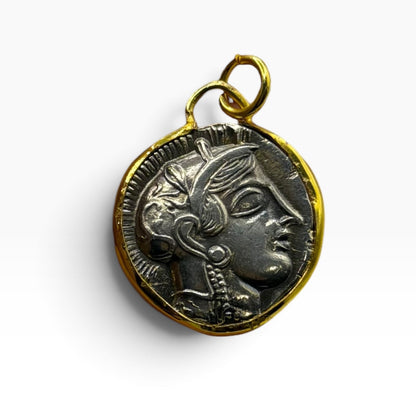 Ancient Style Silver Coin Pendant Gold Plated Framed Athena Goddess Charm⁠
