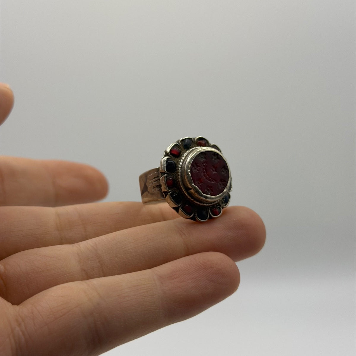 Silver Filigree Flower Ring with Carnelian Intaglio & Bead Border