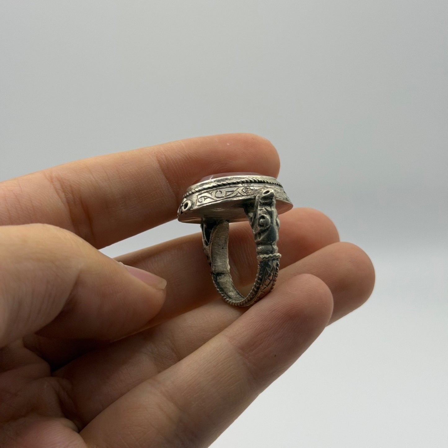 Vintage Silver Intaglio Carved Carnelian Portrait Seal Ring Roman Inspired