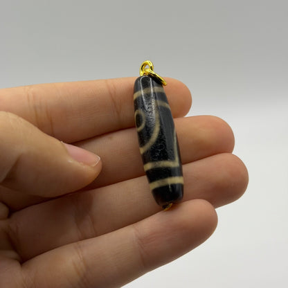 Vintage Tibetan Dzi Eye Agate Bead Tube Pendant Gold Tone Charm