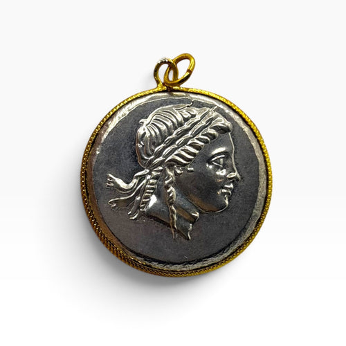 Ancient Greek Inspired Aeolis Myrina Coin Gold Plated Frame Pendant