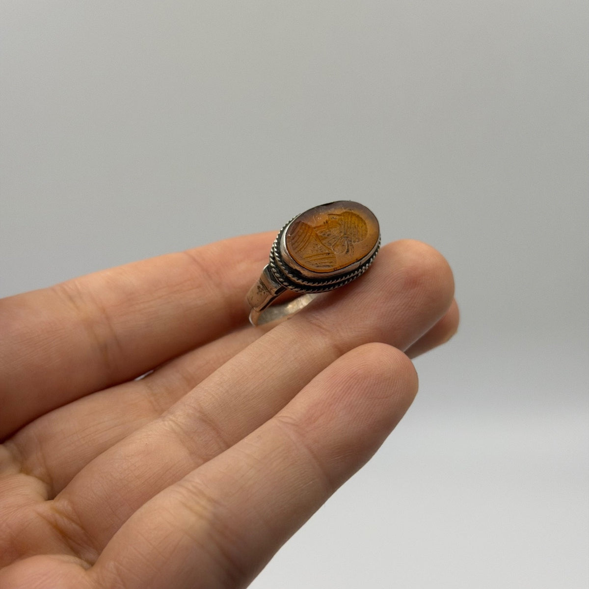 Vintage Silver Carved Intaglio Seal Stone Ring Rope Border Detail