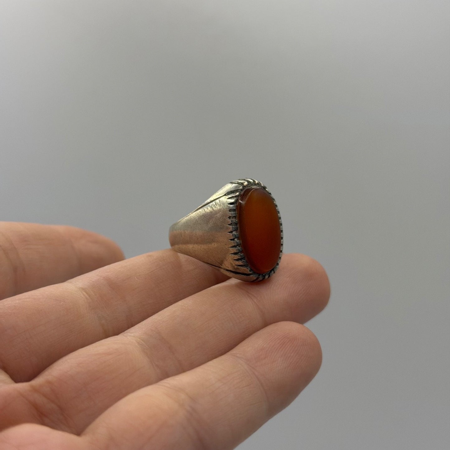 Silver Large Carnelian Agate Oval Cabochon Grooved Edge Signet Ring