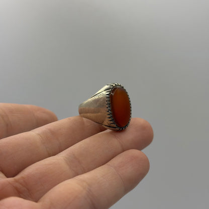 Silver Large Carnelian Agate Oval Cabochon Grooved Edge Signet Ring