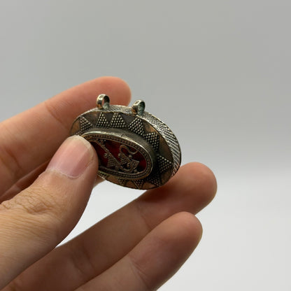 Vintage Tribal Silver Tone Oval Pendant Brooch –Red Resin Inlay Granulation Work