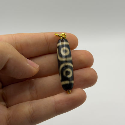 Vintage Tibetan Dzi Eye Agate Bead Tube Pendant Gold Tone Charm