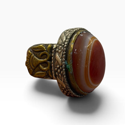 Antique Style Silver Ring with Concentric Banded Carnelian Agate Gemstone