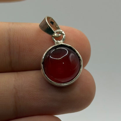 925 Solid Silver Red Carnelian Round Gemstone Pendant Charm