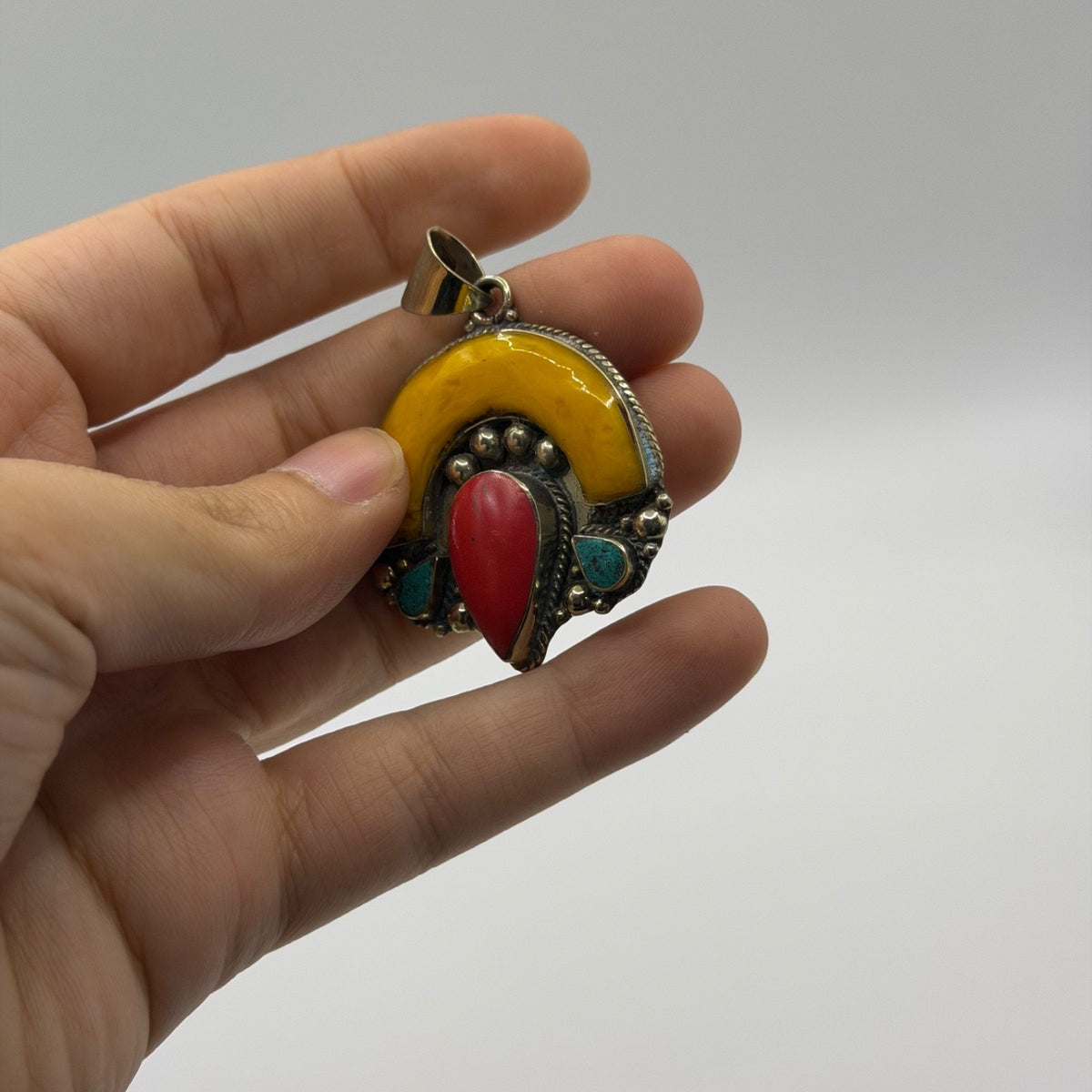 Nepalese Tibetan Style Crescent Pendant Red Coral Turquoise Yellow Resin