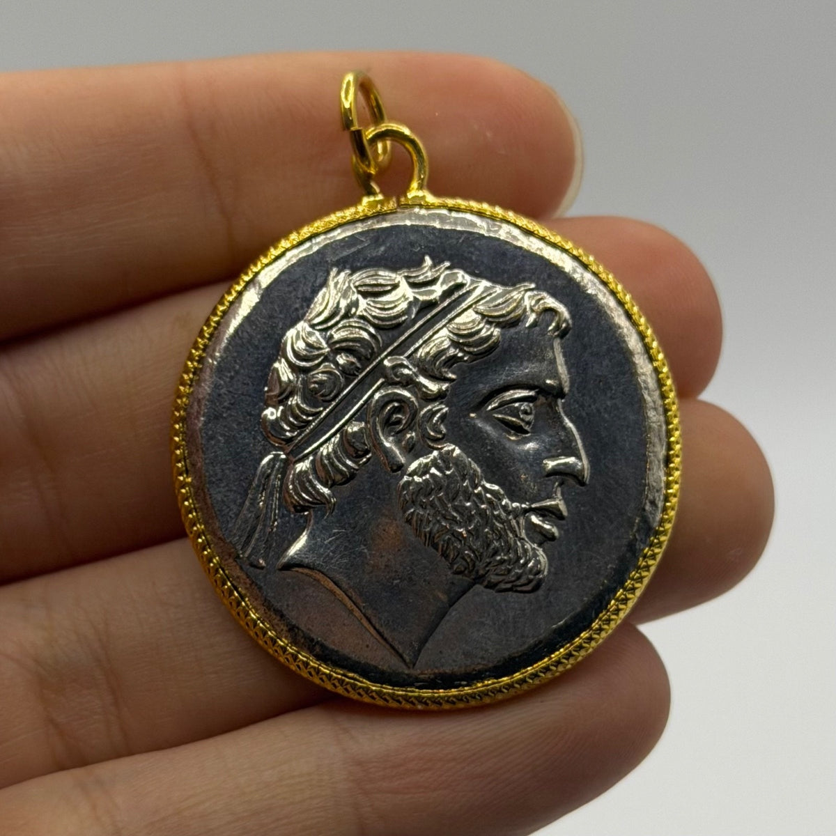 Ancient Greek Roman Inspired Silver Plated Gold Gilded Coin Pendant